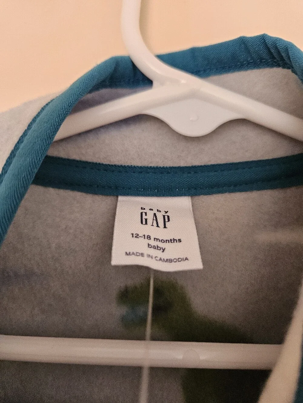 GAP Baby Fleece Zip Up with Blue and Green Dinosaurs, Size 12-18 Months
